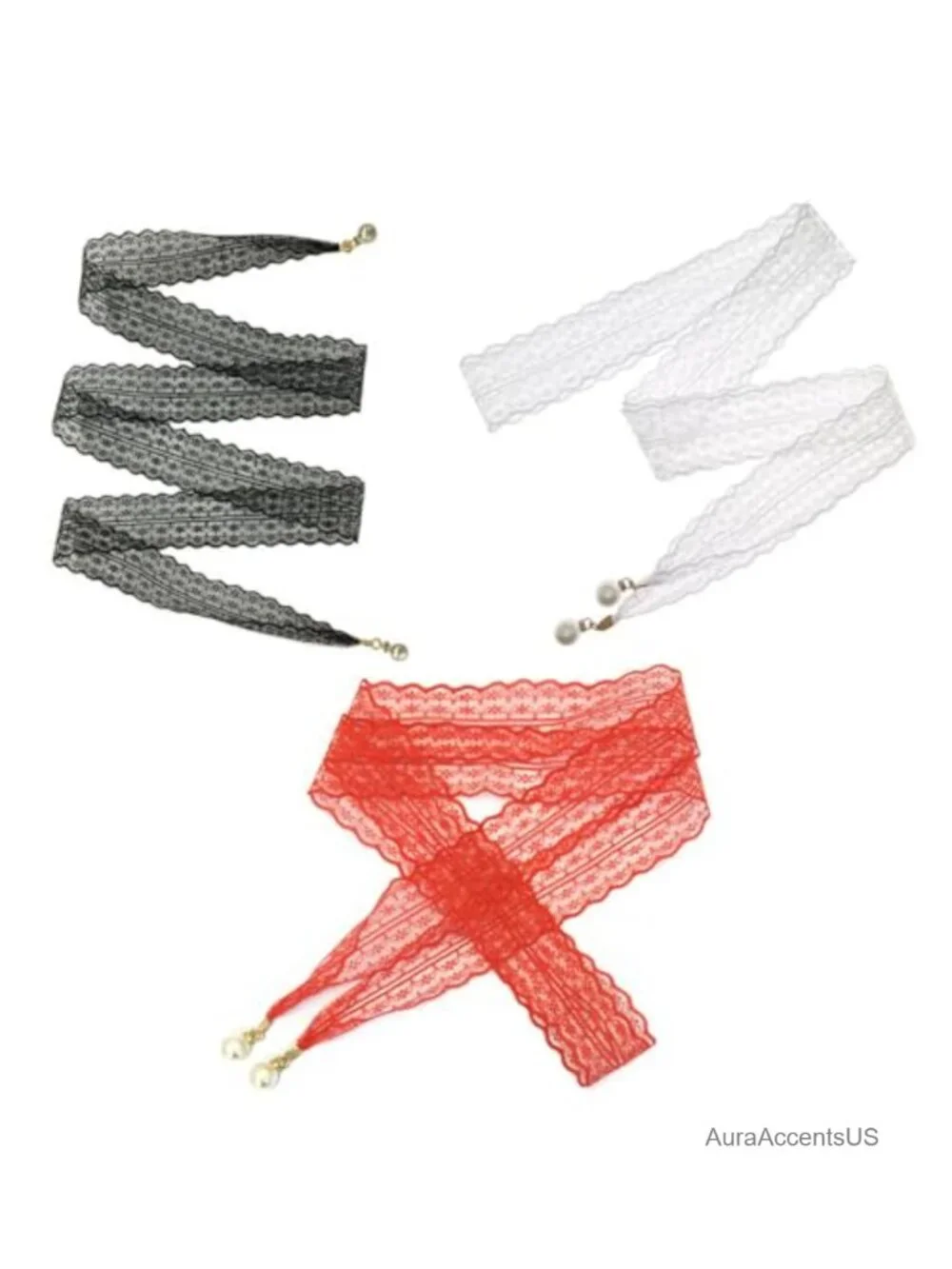 3 Pack Boho Lace Belt with Pearl Pendant Waist Belt for Dresses